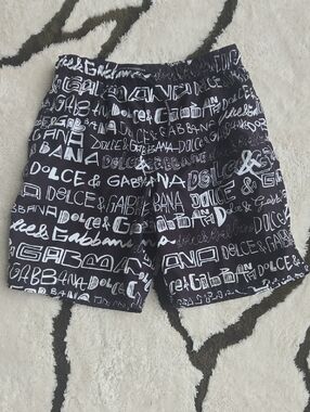 Dolce & Gabbana Black and White Logo-Print Swim Shorts